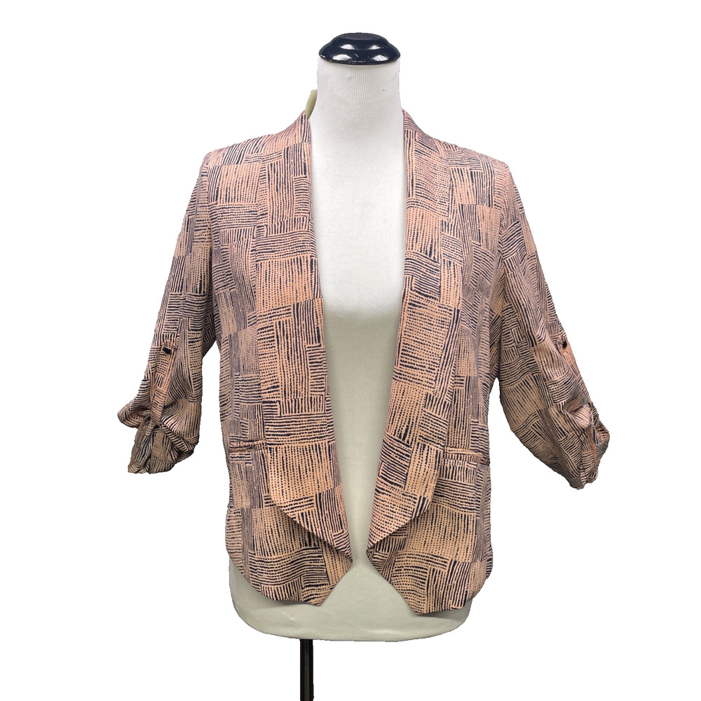 NWT Arden B Women XL Blush Navy Print Open Front Ruched Slv Cardigan Lightweight